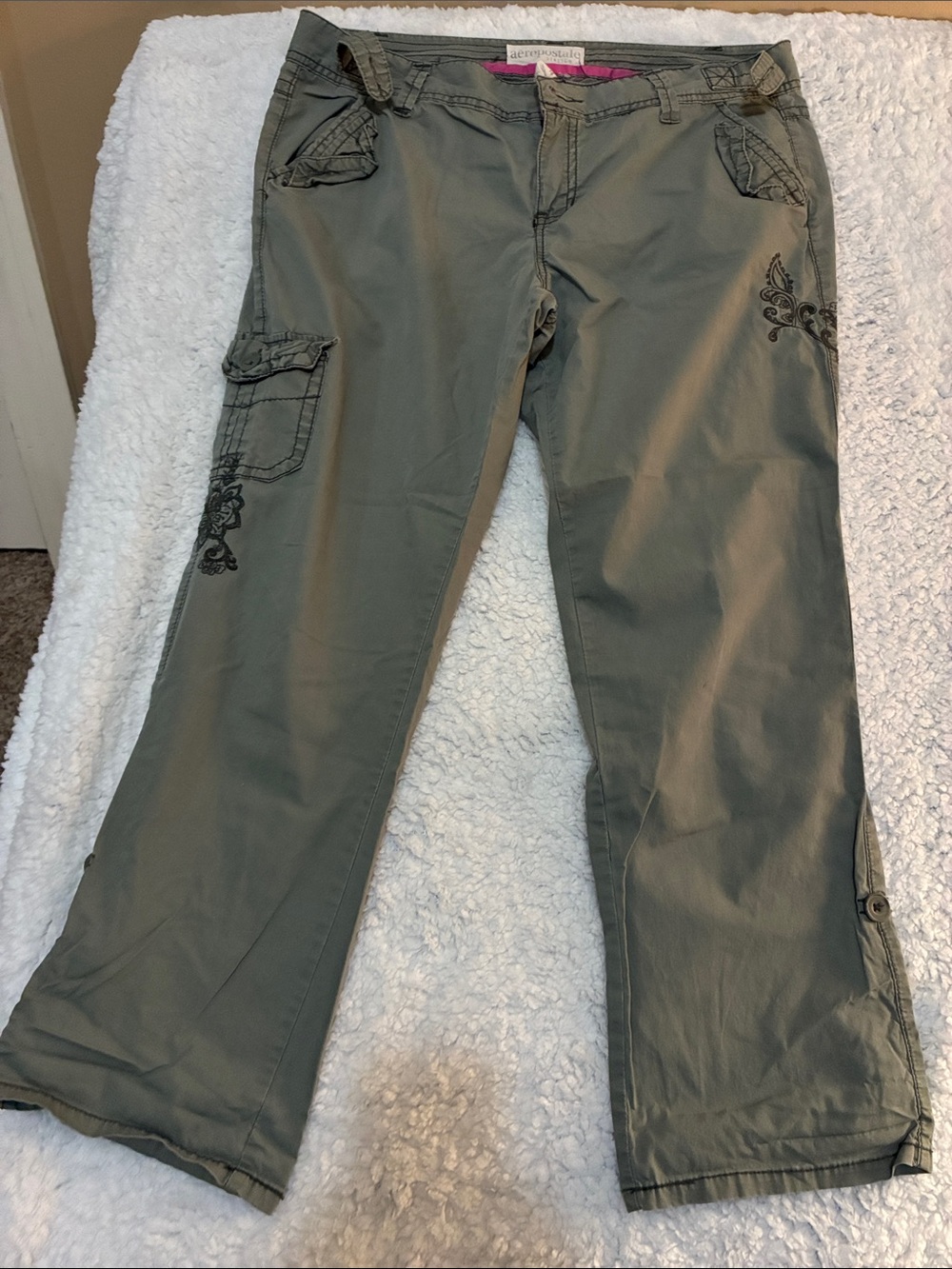Vintage Olive Green Embroidered Cargo Pants 14 Y2K